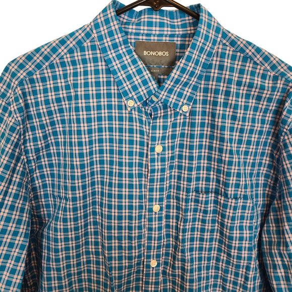 Bonobos Mens L Blue Plaid Long Sleeves Slim Fit Button Down Shirt Pocket - Picture 2 of 8